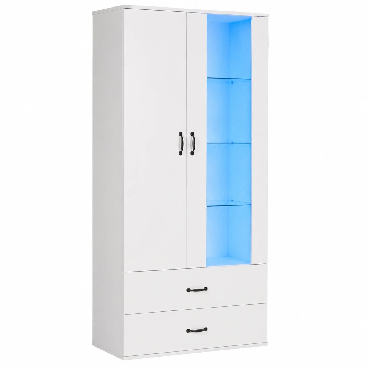 Meuble polyvalent, avec tiroirs, avec portes, avec éclairage LED, coloris blanc et transparent, 59,5 x 35 x 182 cm, pour les espaces de vie