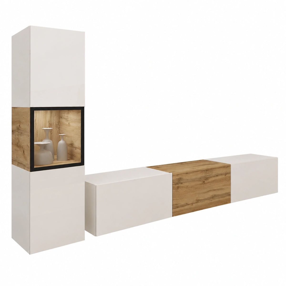 Meuble TV, avec éclairage LED, coloris blanc, pour le salon