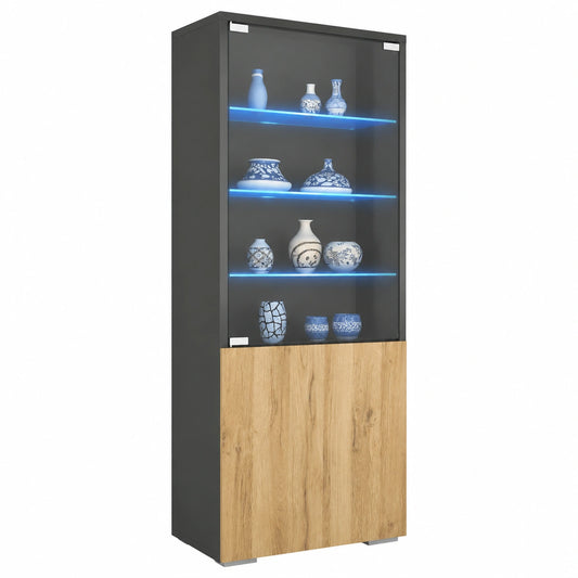 Armoire, en chêne et verre, avec portes, coloris anthracite, 50 x 122,5 x 34,5 cm, pour la chambre