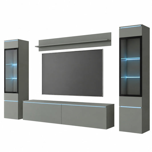 Meuble TV, en verre, avec rangement, avec étagères, coloris vert, pour le salon