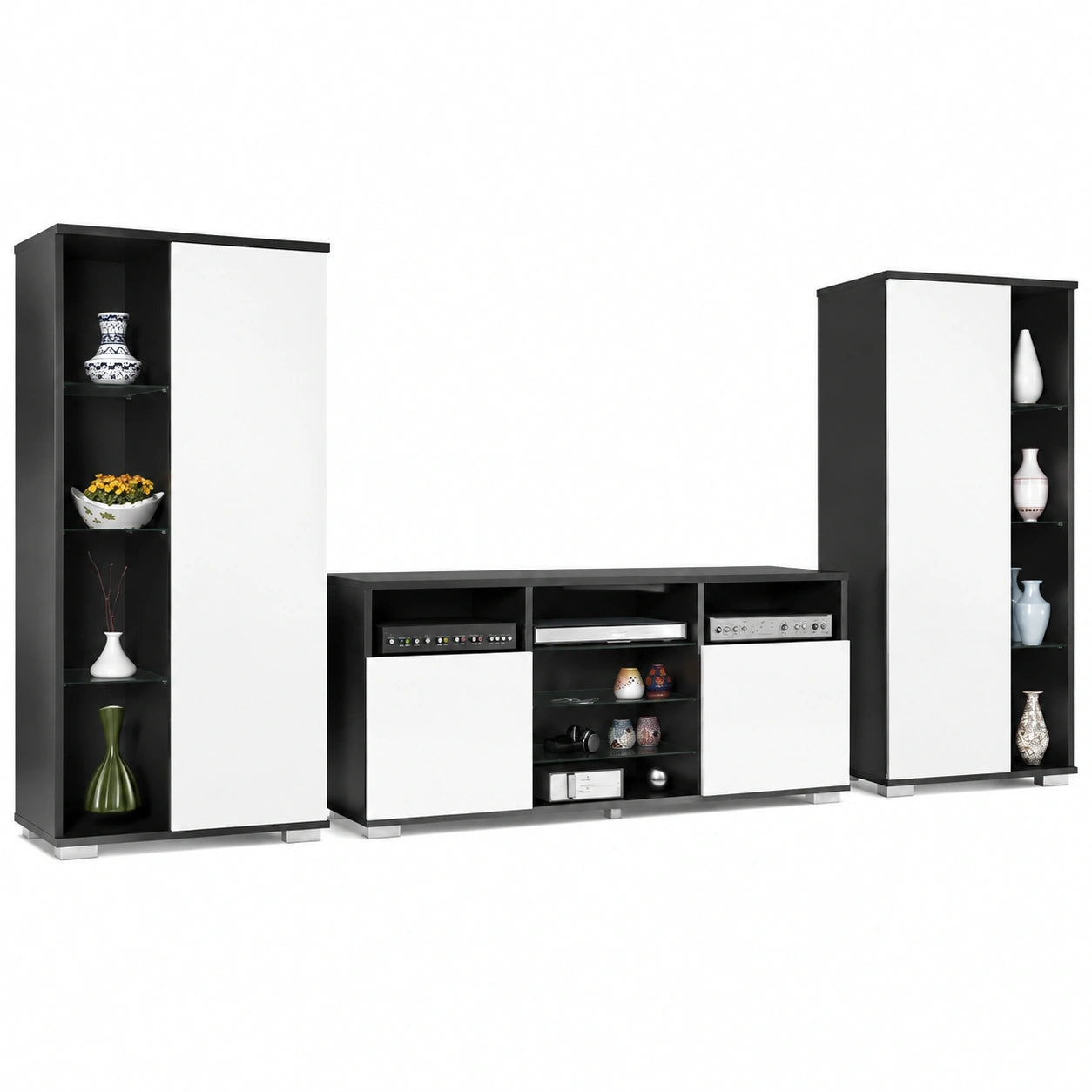 Meuble TV, coloris blanc et anthracite, 329 x 134 x 35 cm, pour le salon
