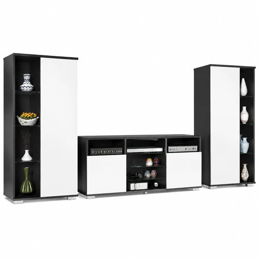 Meuble TV, coloris blanc et anthracite, 329 x 134 x 35 cm, pour le salon