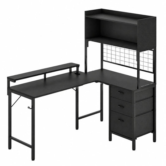 Bureau, avec rangement, avec tiroirs, avec étagères, 115 x 90 cm, coloris noir, pour l’espace de travail